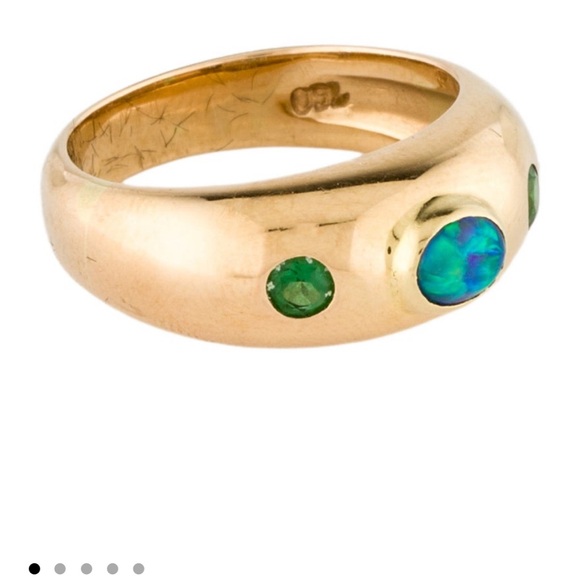 Green Tourmaline-Opal-Green Tourmaline three stone 18k yg ring-heavy - Picture 7 of 11